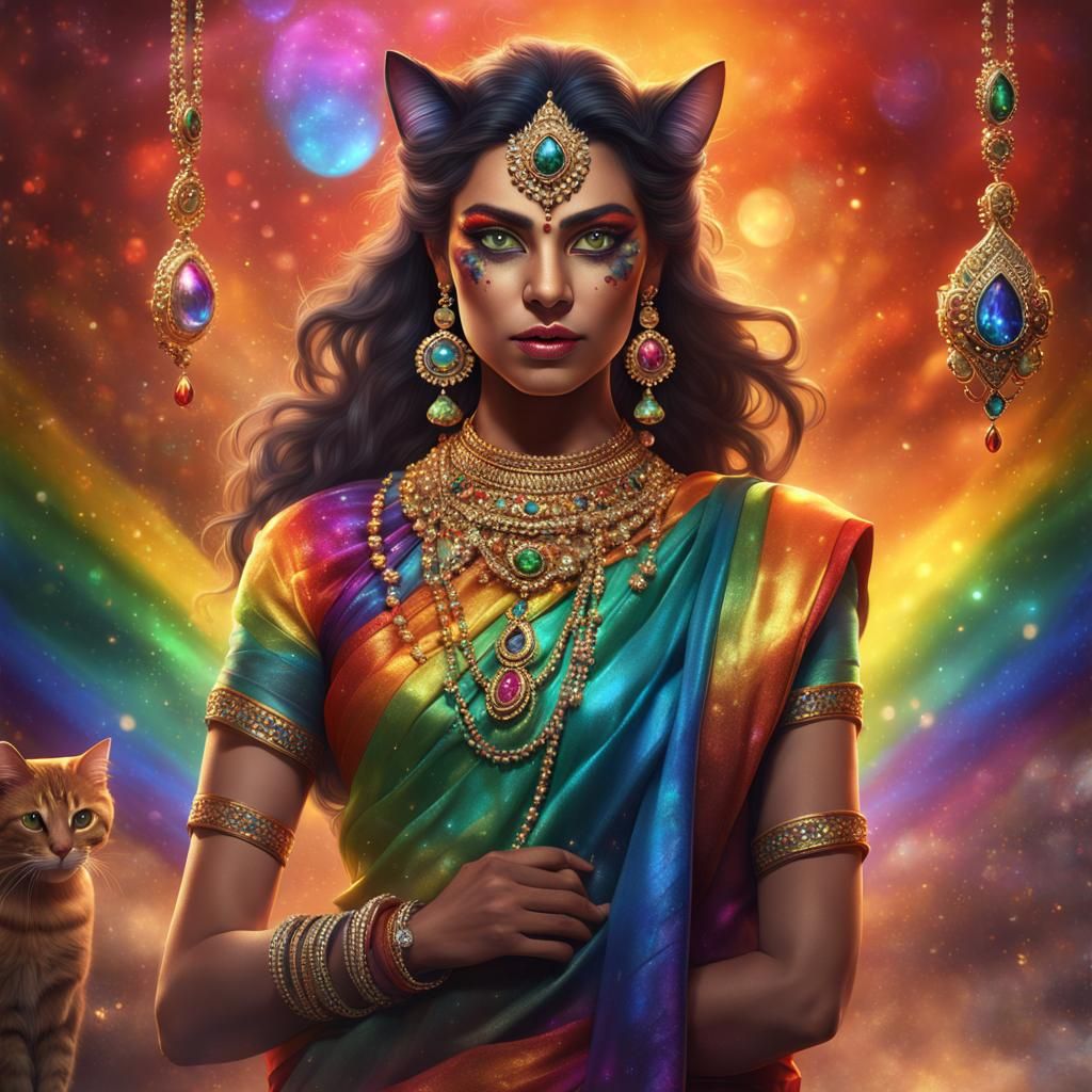 Calico Cat Woman in Rainbow Sari, Detailed Digital Art