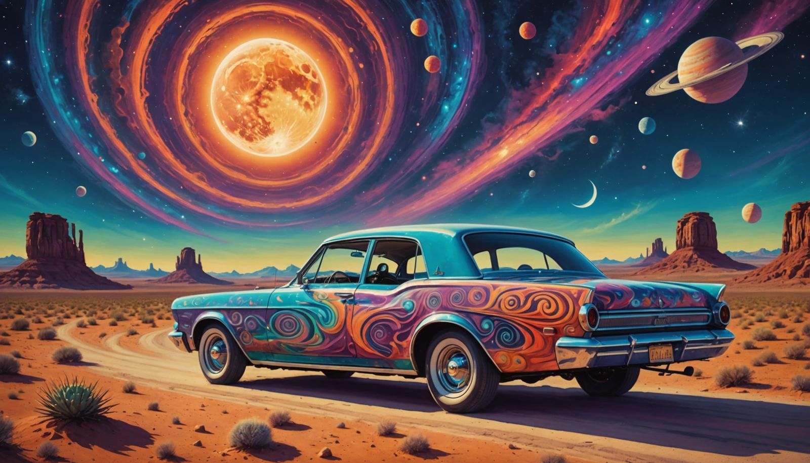 Psychedelic Hotrod on Alien Highway Under Two Moons