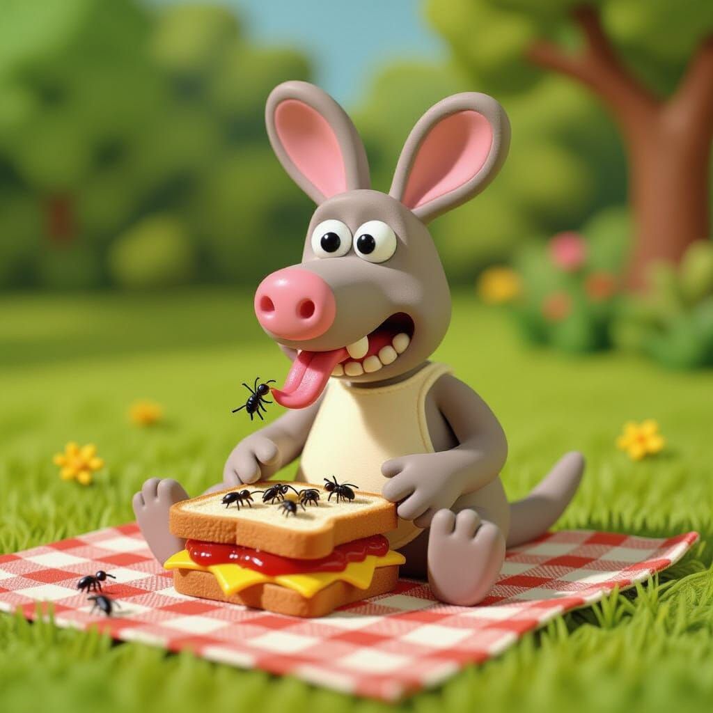 Claymation Aardvark Slurping Ants at Picnic