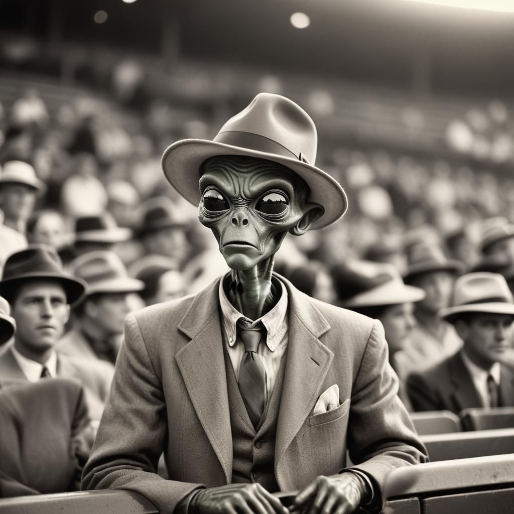 Photograph of candid alien at baseball game, 1940s Daguerreo...
