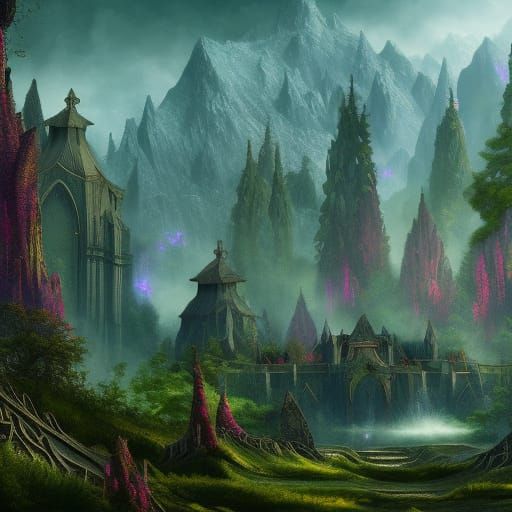 Elven City Embraced by Nature in Detailed Matte Painting