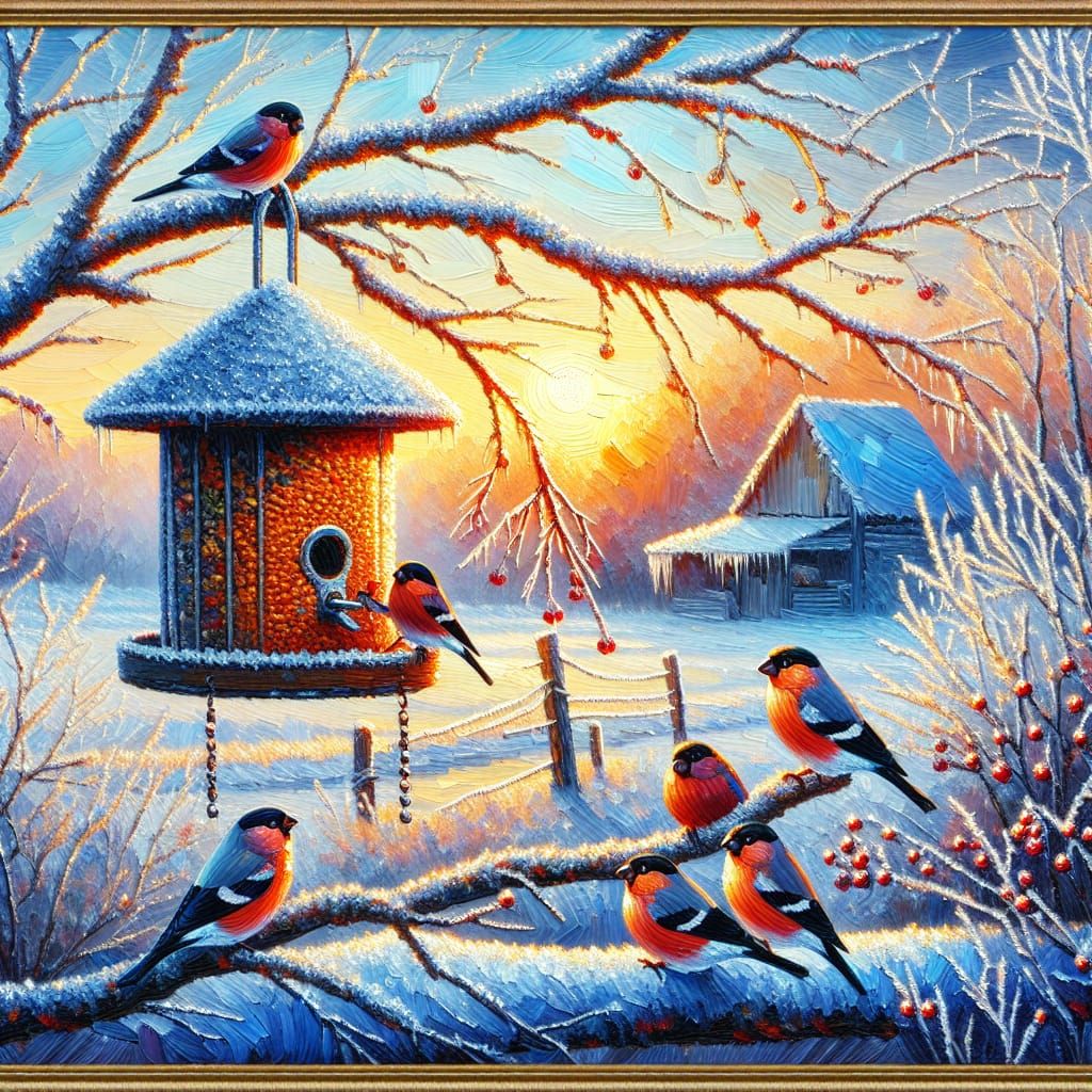 Bullfinches Pecking Grain: Oriental Impasto Oil Painting