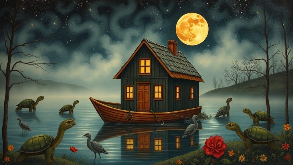 Mystical Moonlit Boat House in Folk Art Style