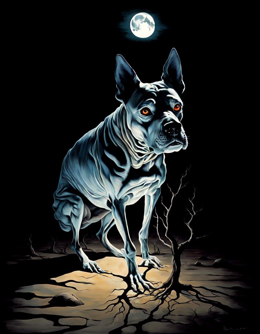 Spectral Dog in Desolate Dreamscape as Melting Oil Painting