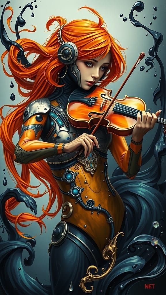 Surreal Futurist CyberGirl Plays Violin Amidst Swirling Blac...