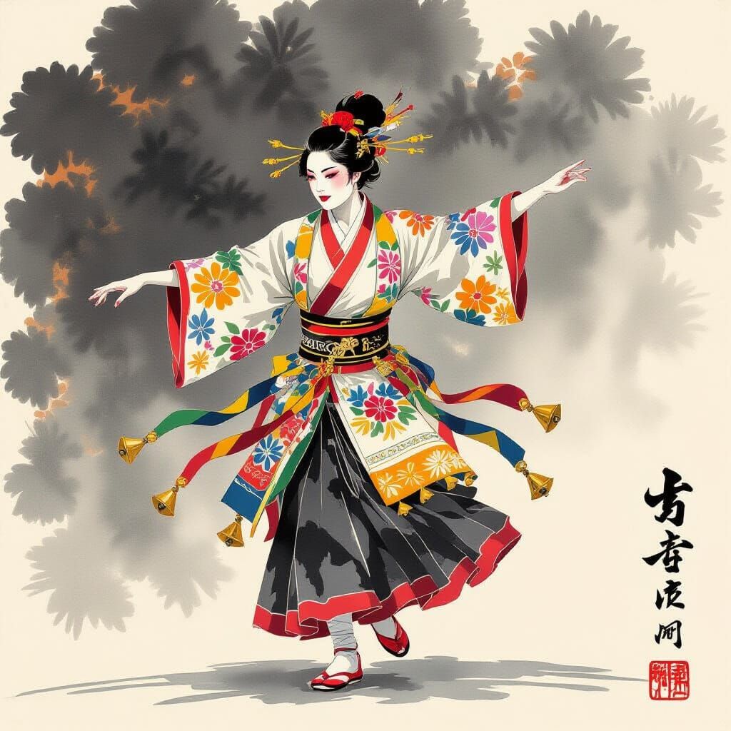 English Morris Dancer in Vibrant Sumi-e Style