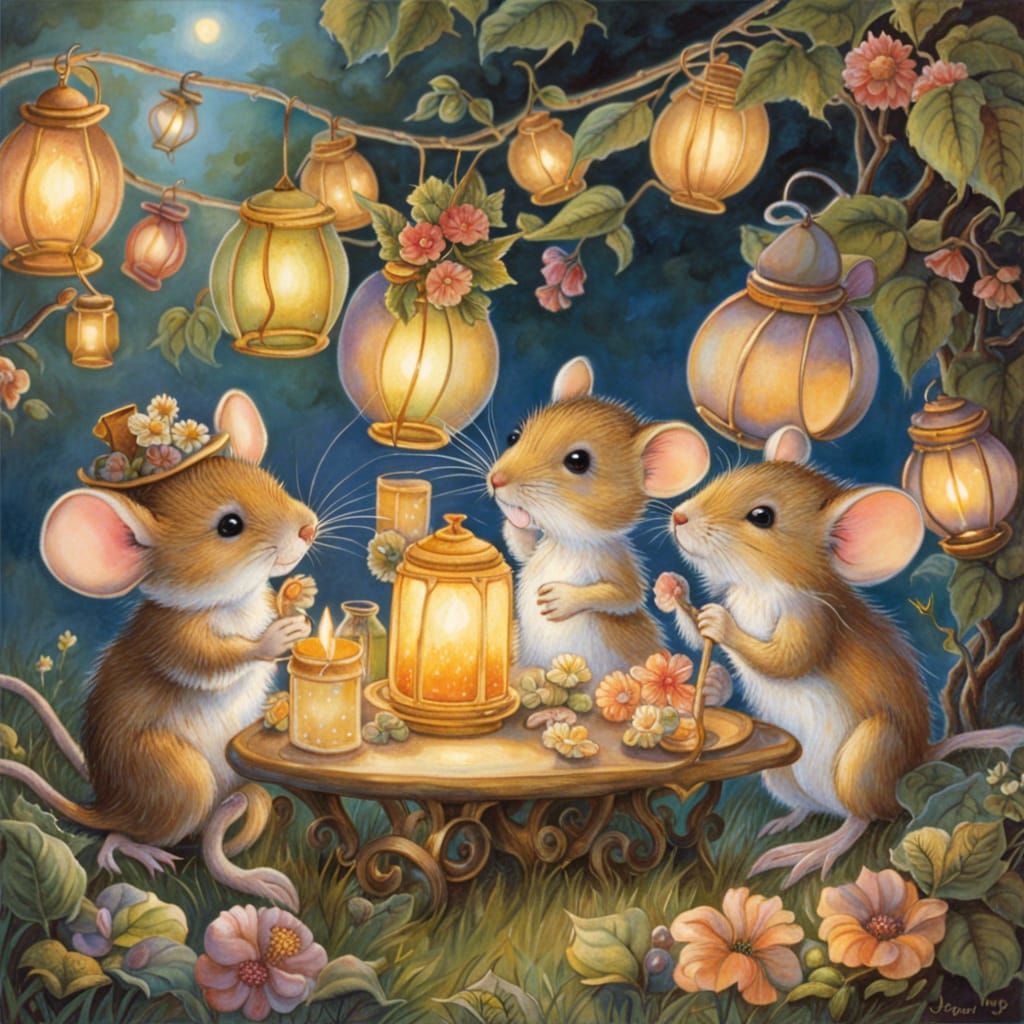 Mice Garden Party with Lanterns in Fantasy Style