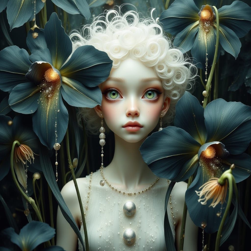 Albino Woman with Orchids in Dreamy Digital Art