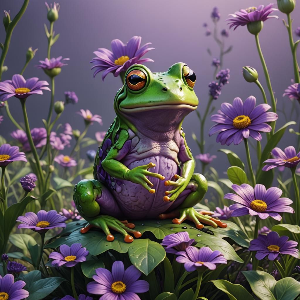Green Cartoon Frog on Purple Flower, Detailed Matte Painting