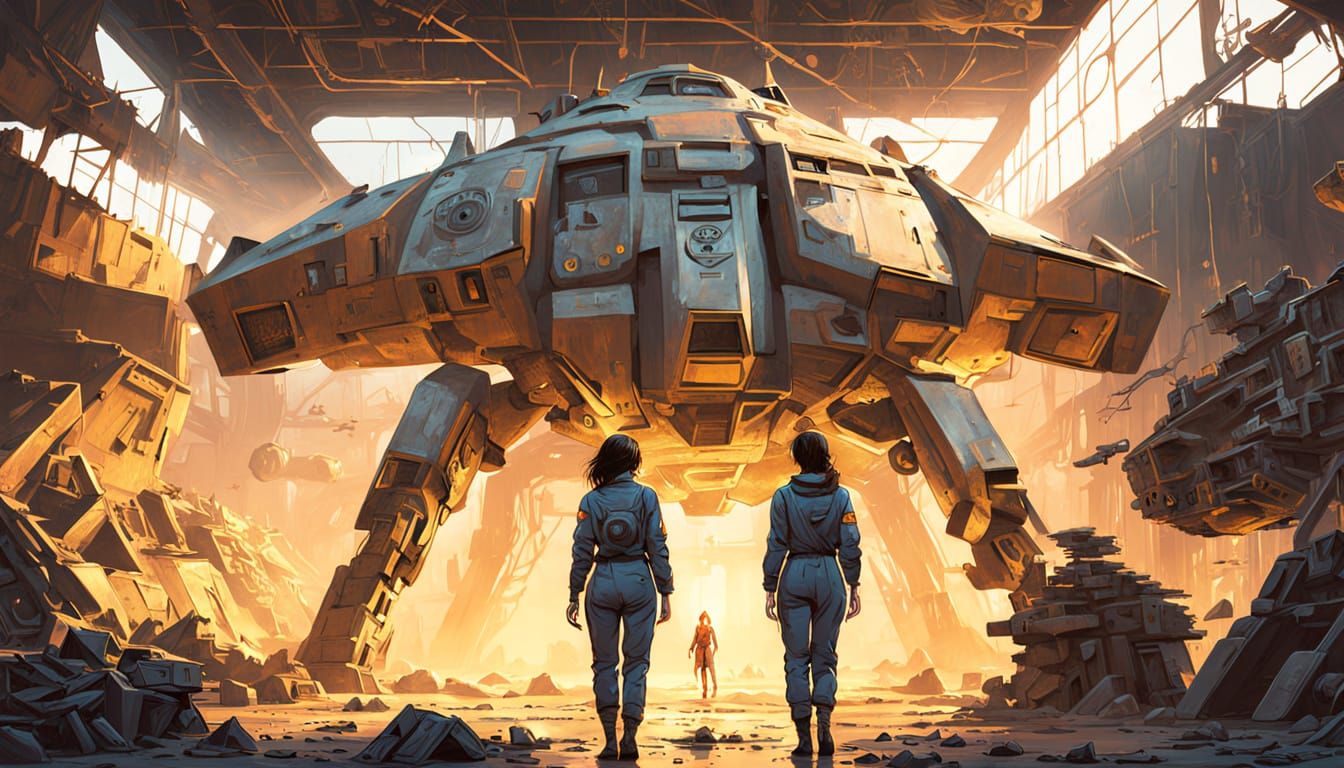 Archaeologist Explores Alien Hangar with Gundam Suits