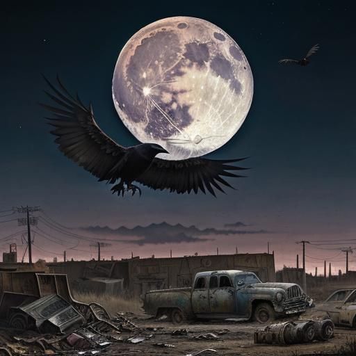 Wasteland Junkyard Full Moon Ravens in Anime Style