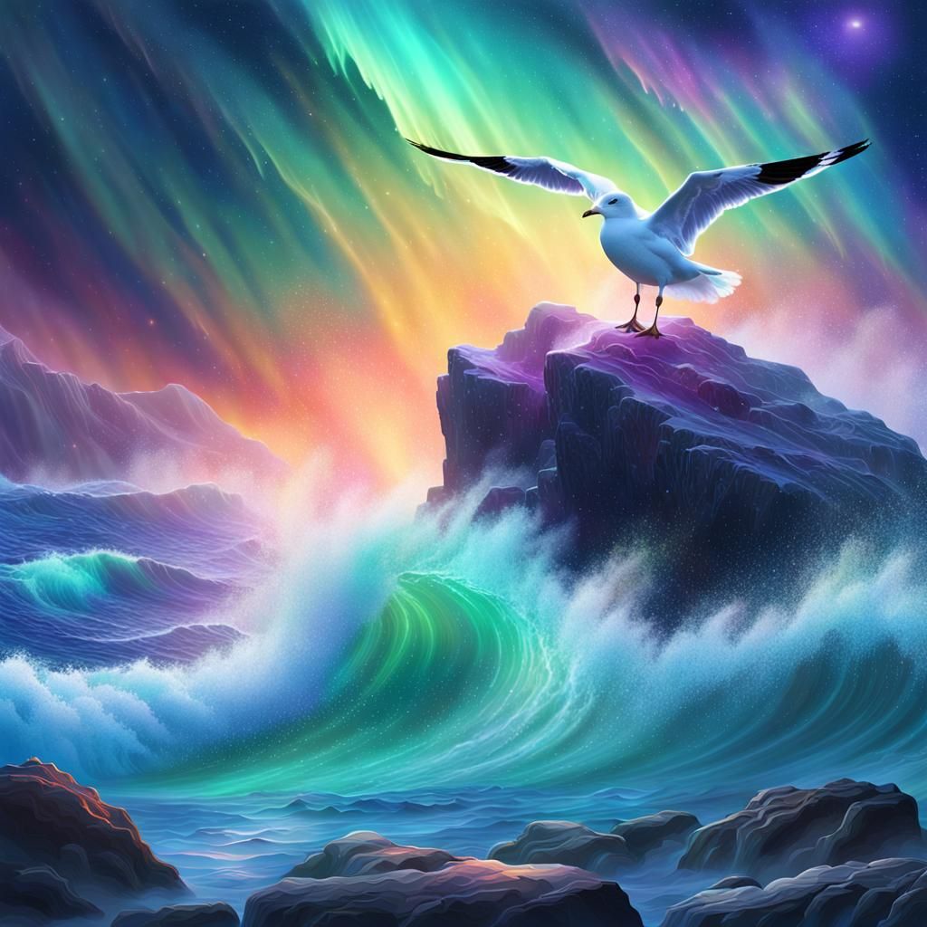 Cosmic Seagull Perched on Rock with Aurora Waves