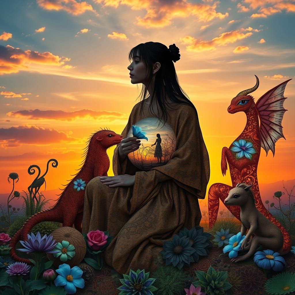 Surreal Collage of Mystical Creatures in Ethereal Sunset