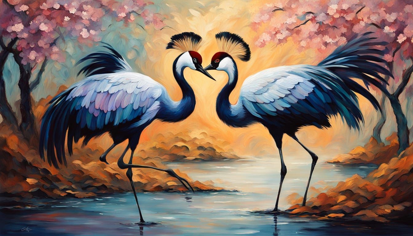 Elegant Cranes Amidst Cherry Blossoms in Ornate Impasto Styl...