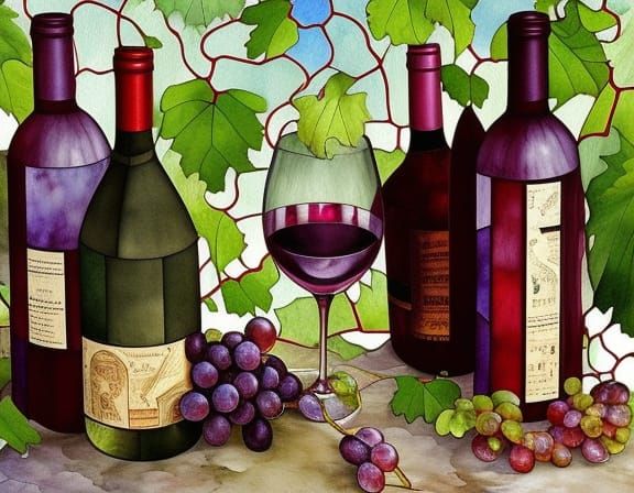 Stained Glass Window with Wine in Impressionist Style