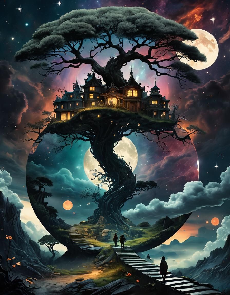 Surreal Stargate Scene with Bonsai Cottages