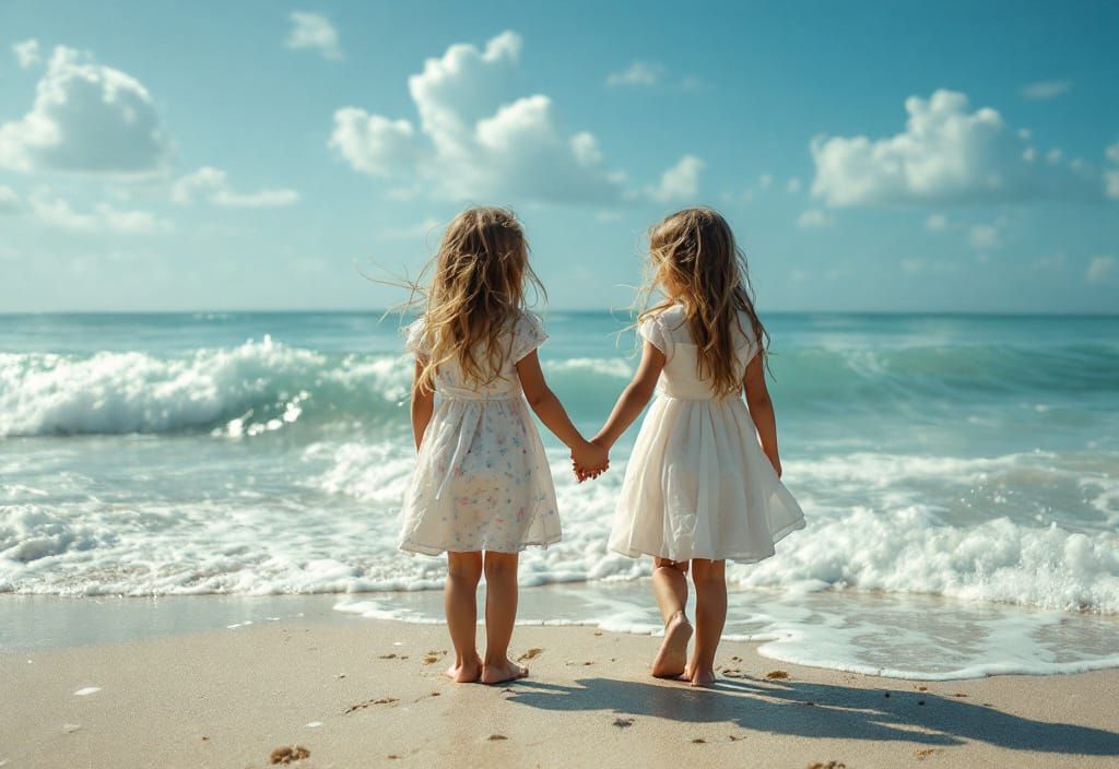 Sisters Holding Hands on a Beach