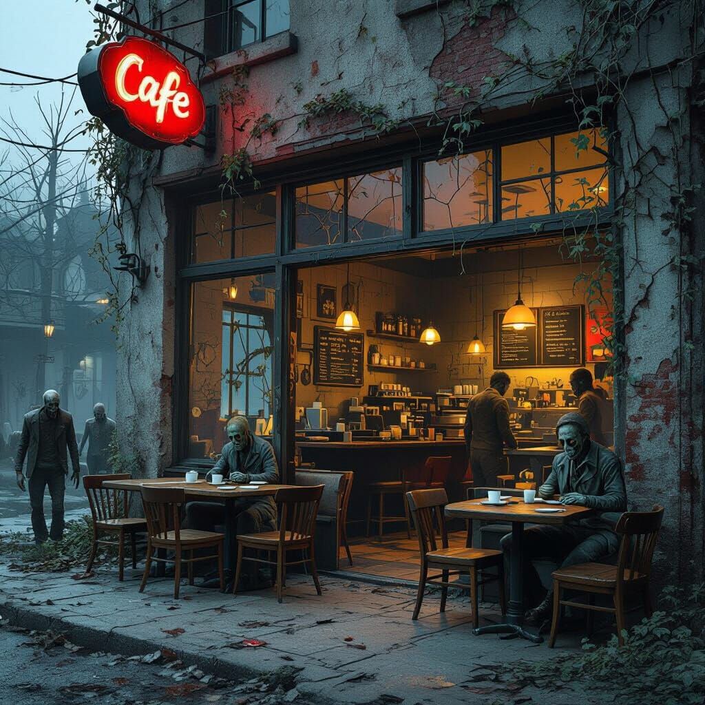 Zombie Cafe: Decay Meets Comfort in Dystopian Scene