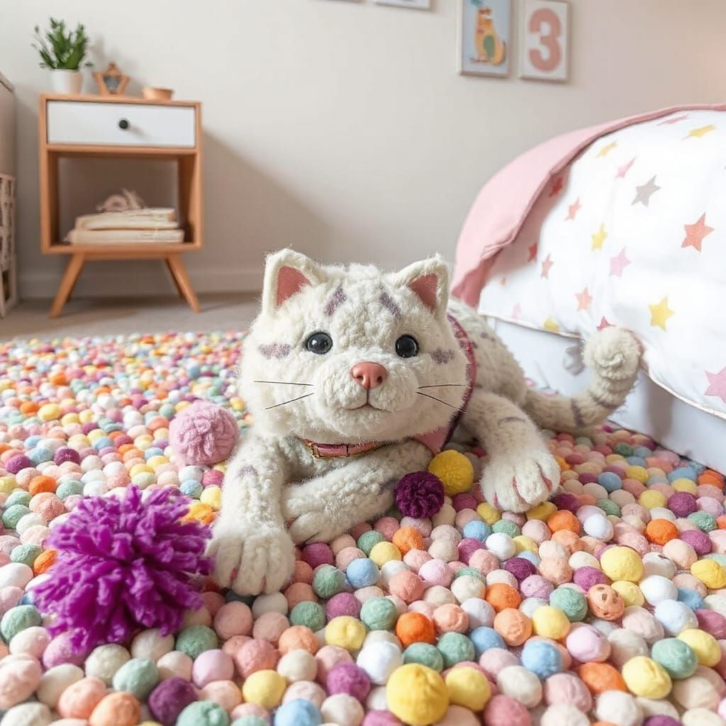 Whimsical Pom-Pom Kitty in Child's Bedroom