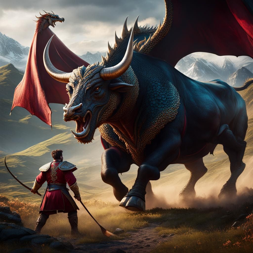 Bull and Dragon Battle in Highlands: Fantasy Art