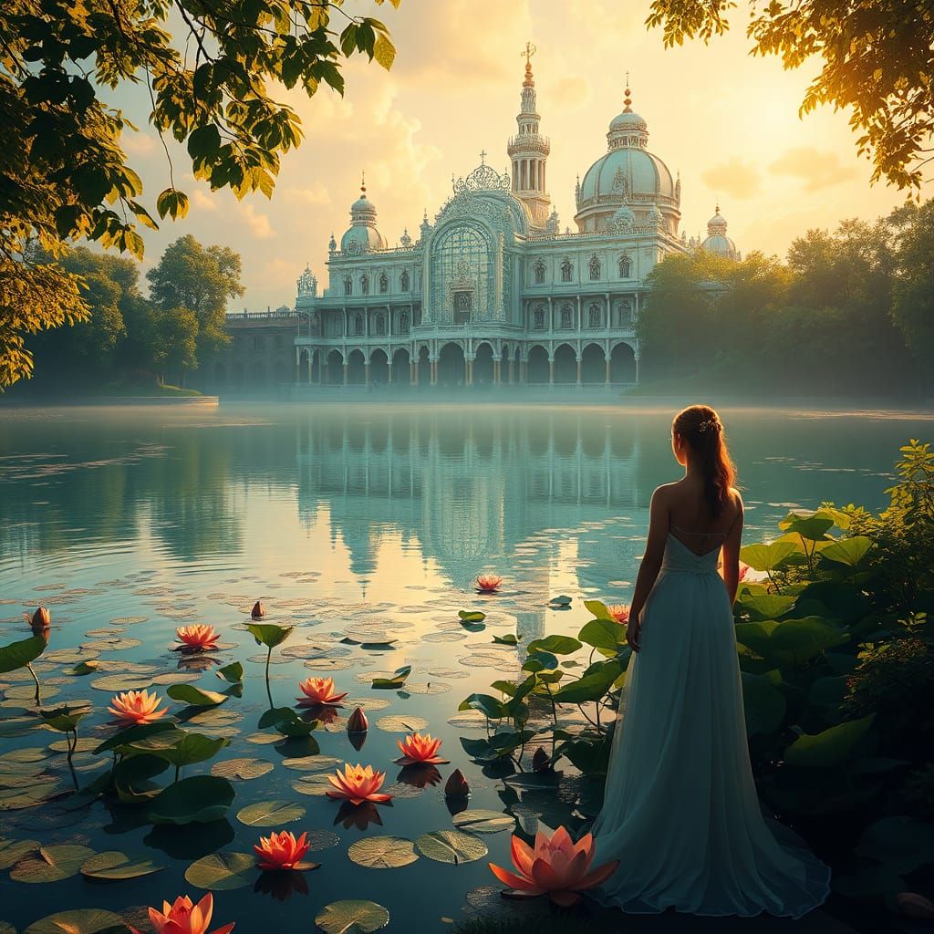 Luminous Lakeside Palace in Fantasy Style