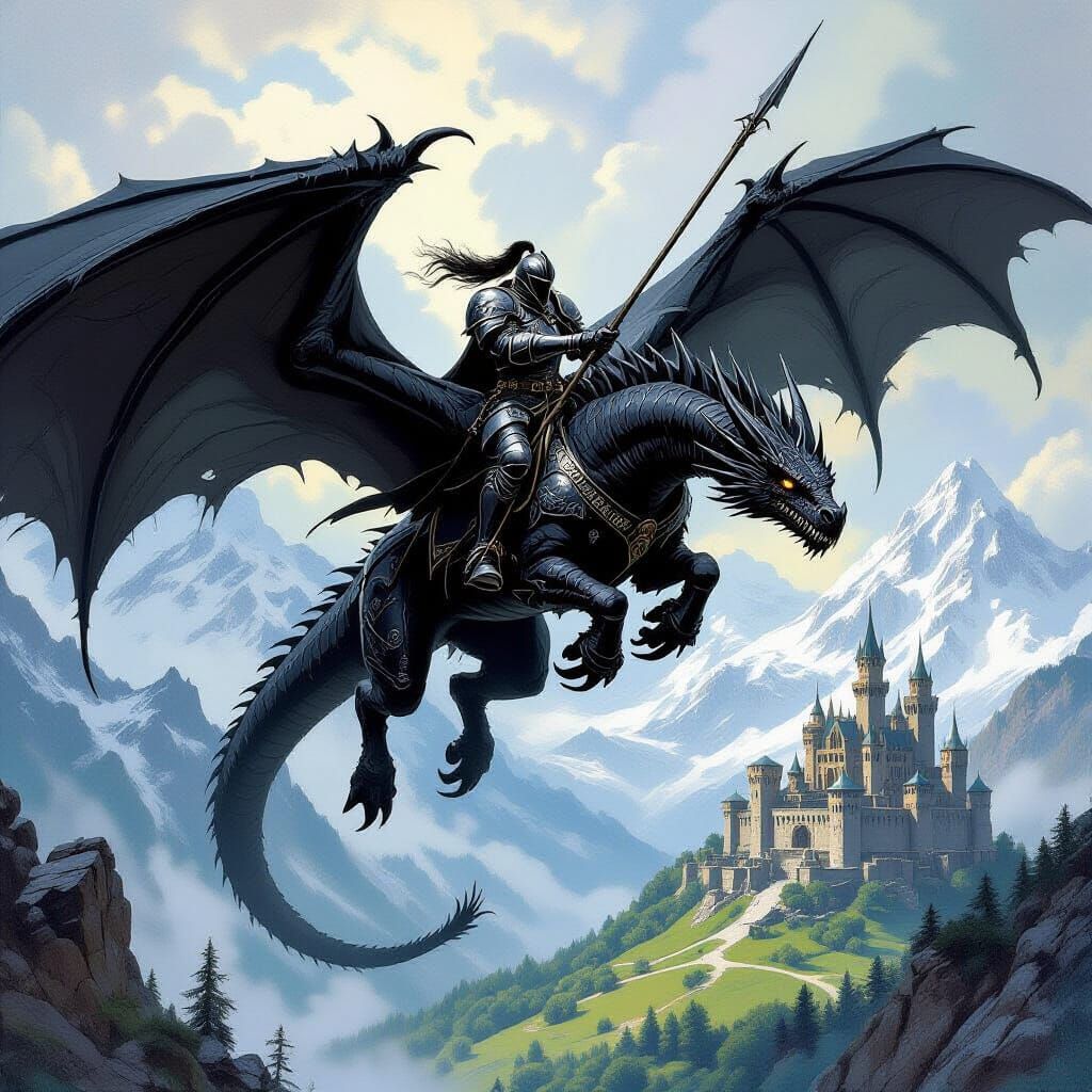 Black Knight on Dragon Soaring Over Fantasy Landscape