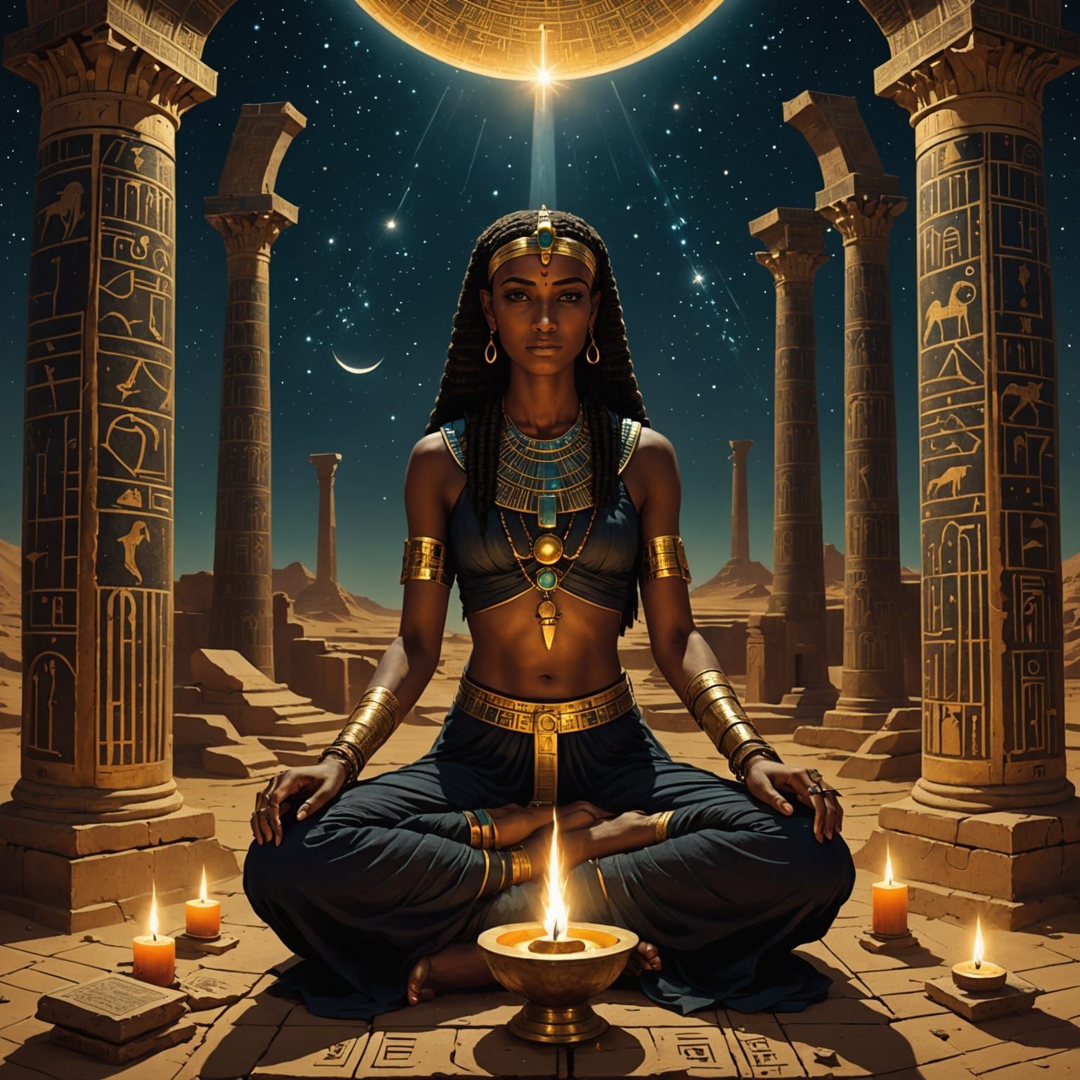 Ancient Temple at Dusk: Nephthys and the Shadows