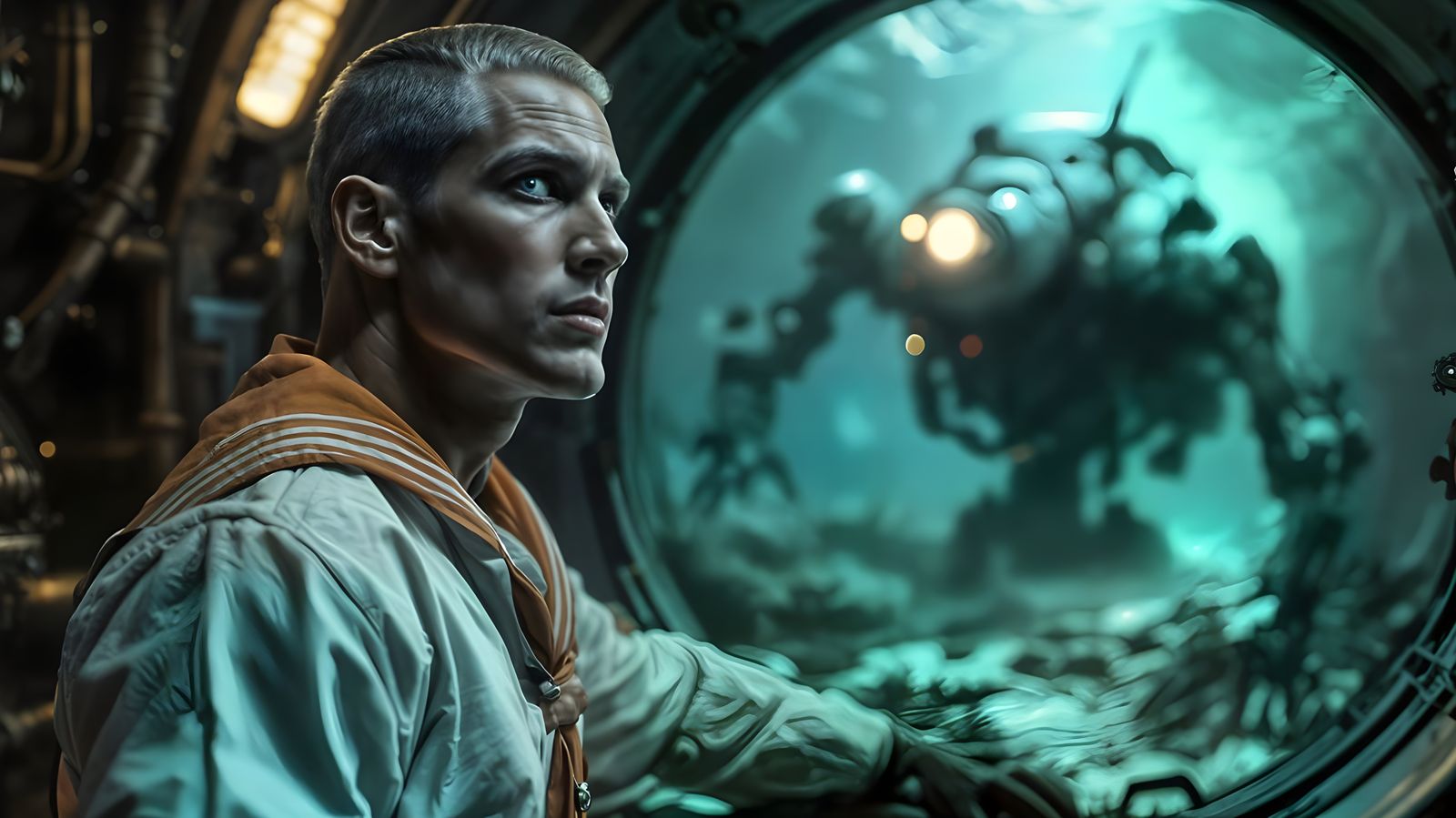 Chiseled Steampunk Sailor Amidst Oceanic Robots