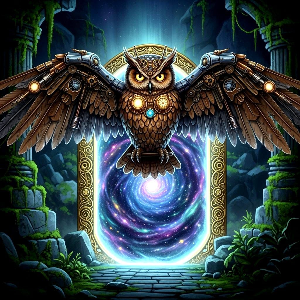 Majestic Steampunk Owl on Cosmic Portal