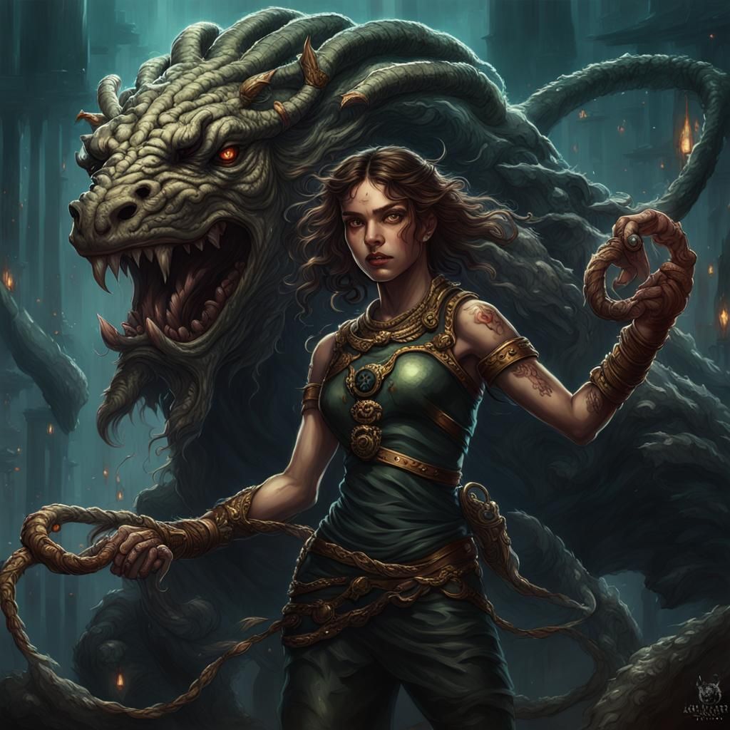 Girl Leashes Medusa Head: Dark Fantasy Art