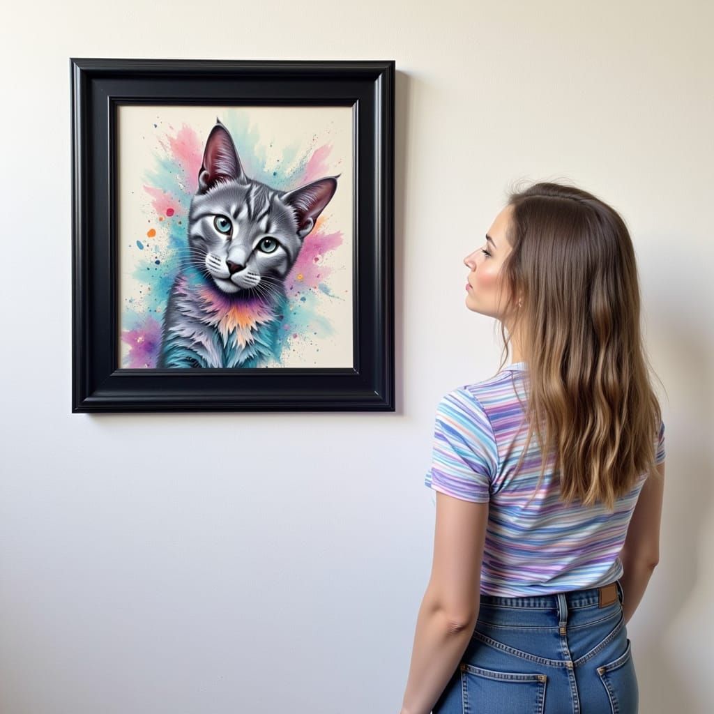 Woman in Striped Shirt Views Cat Portrait