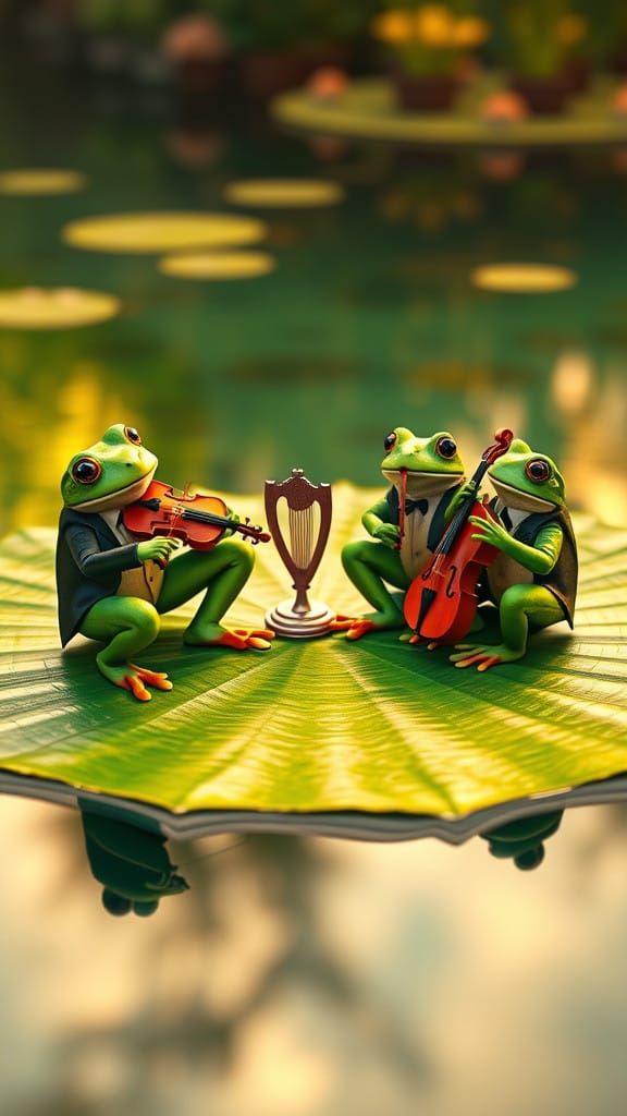 Surreal Green Frogs Play Classical Instruments in Elegance