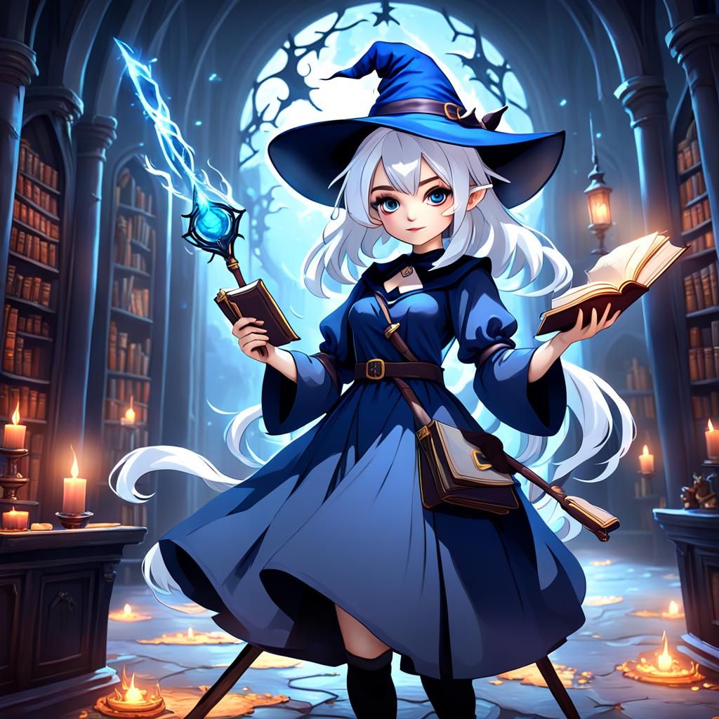 Cute Young Witch with Wand in Detailed Digital Painting