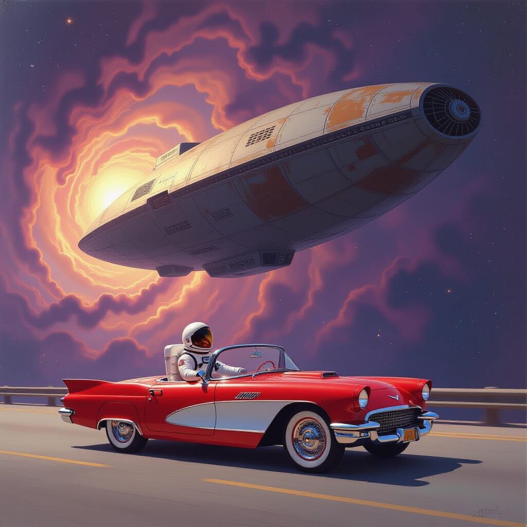 Ancient Spaceship in Ethereal Nebula, Astronaut in Corvette