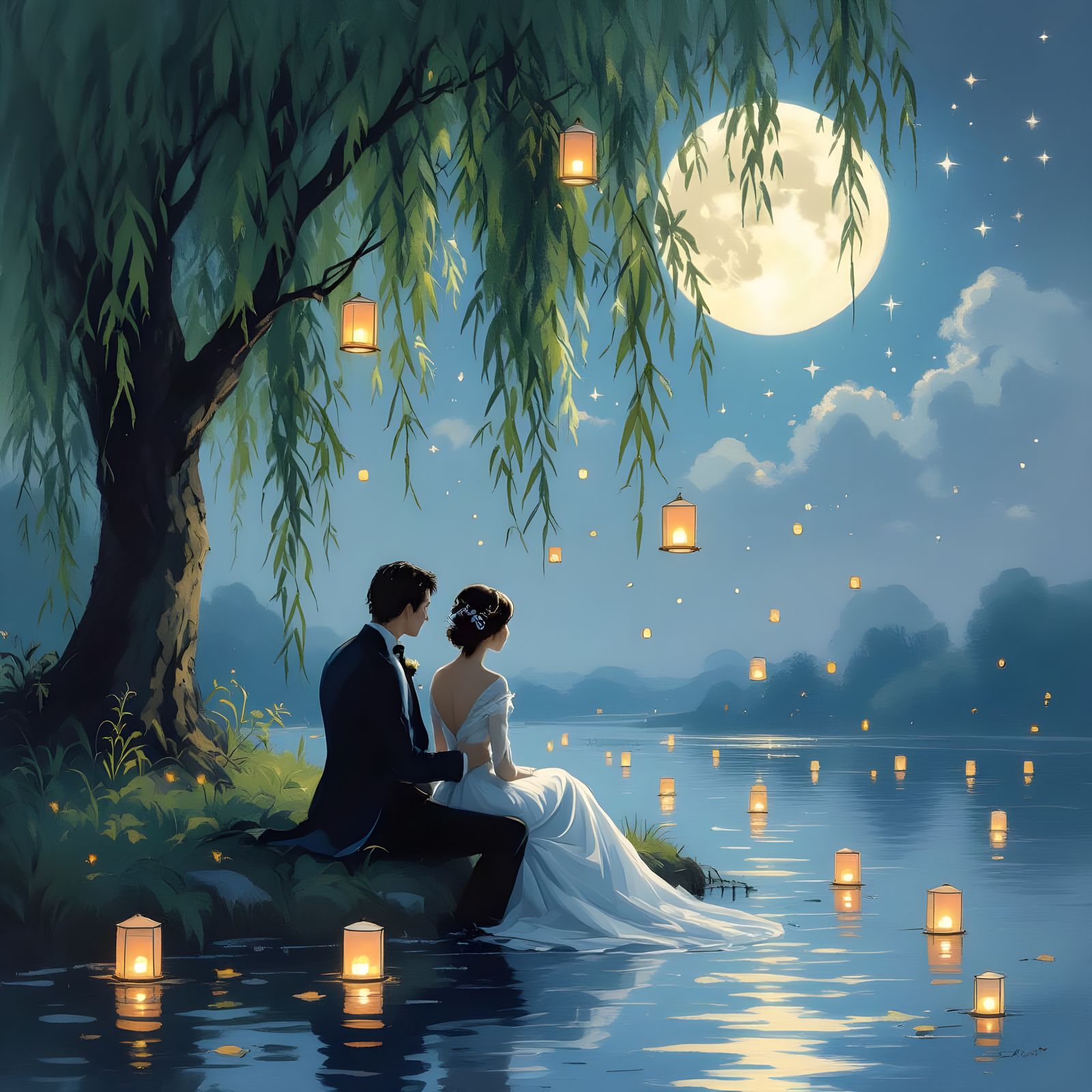Romantic Moonlit Scene with Weeping Willow, Impressionism