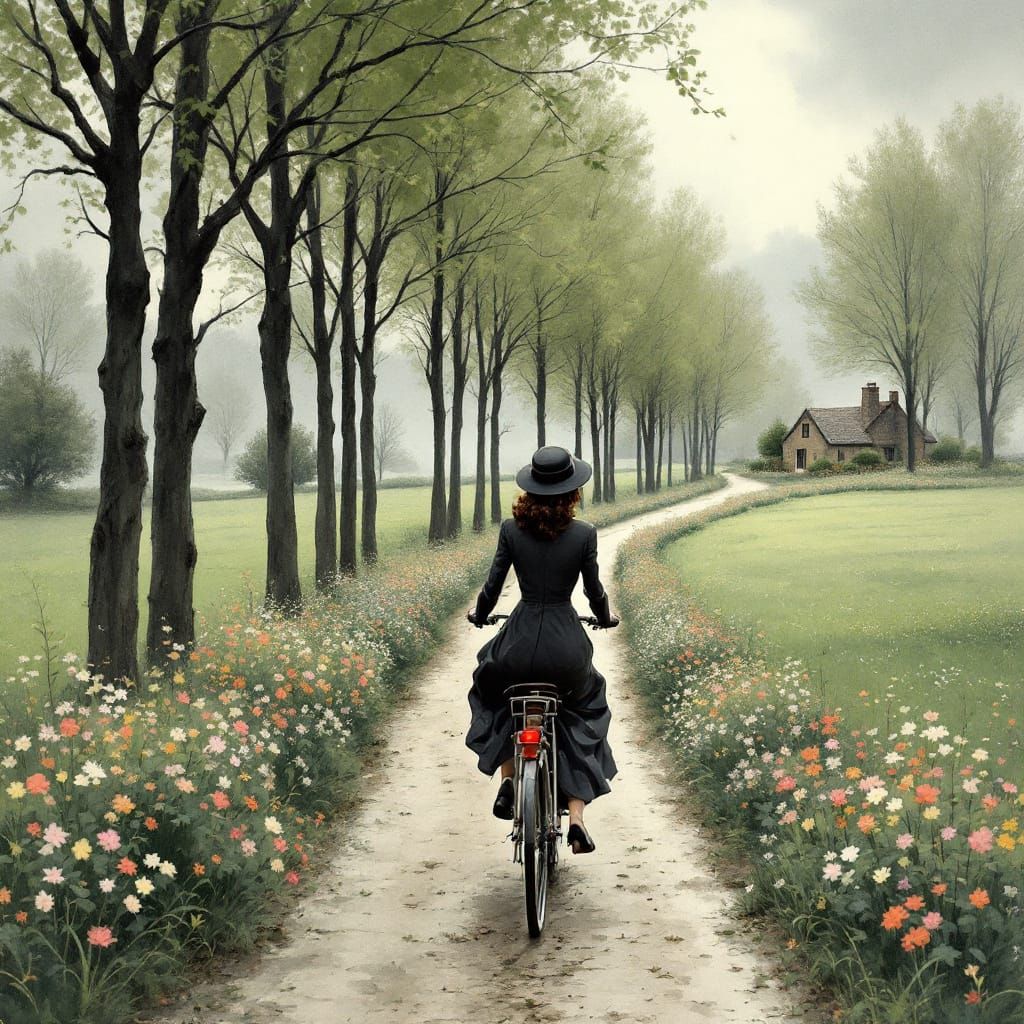 Woman on Bicycle in Watercolor Landscape