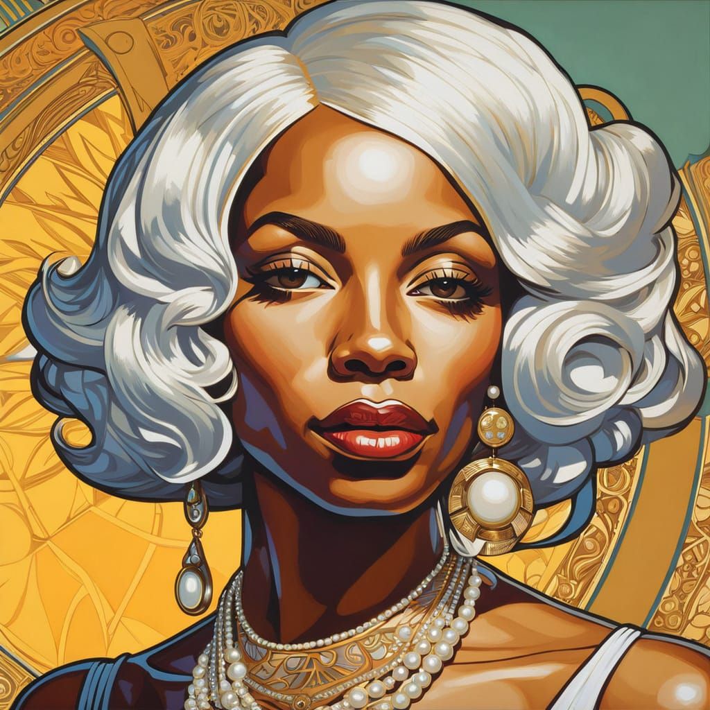 Pop Art Portrait of African American Woman in Mucha Style