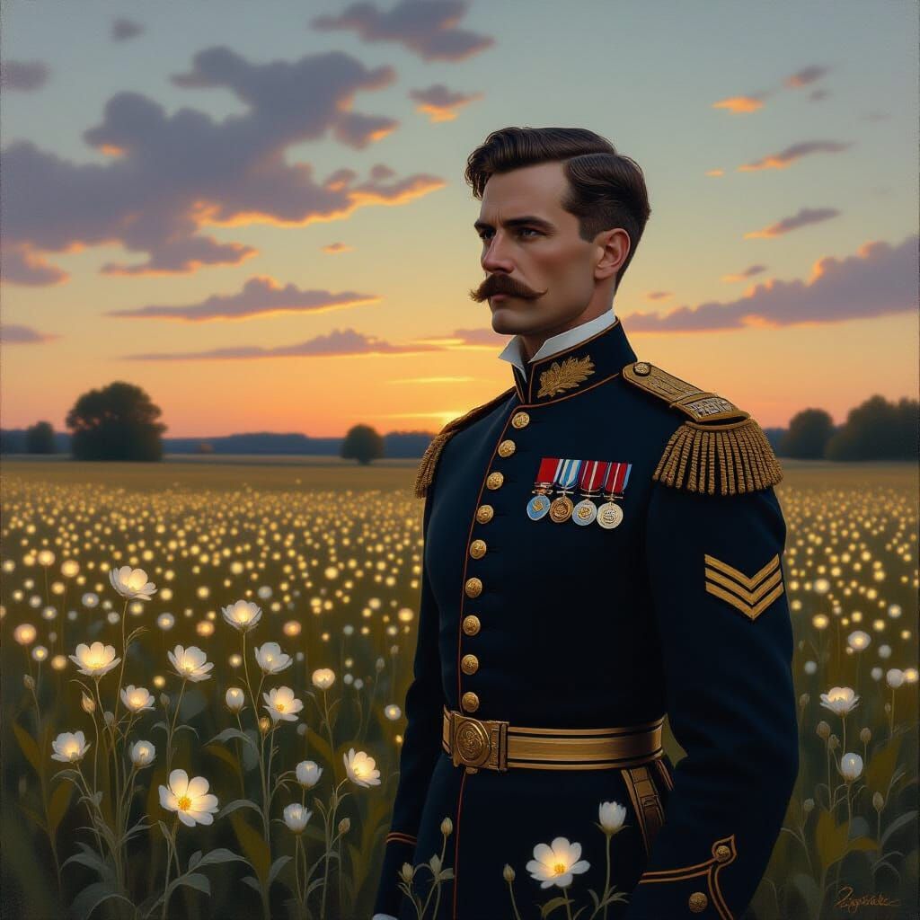 Officer in Bioluminescent Field, Romantic Oil Painting