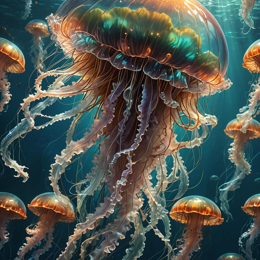 Glowing Jellyfish in a Transparent Ocean, Digital Art