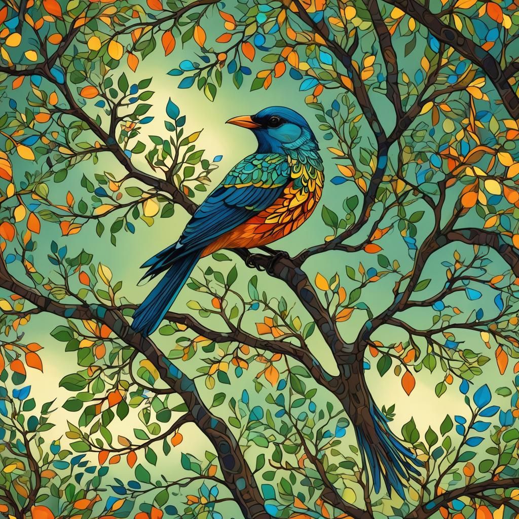 Summer Tree Bird: Fantasy Art with Volumetric Lighting