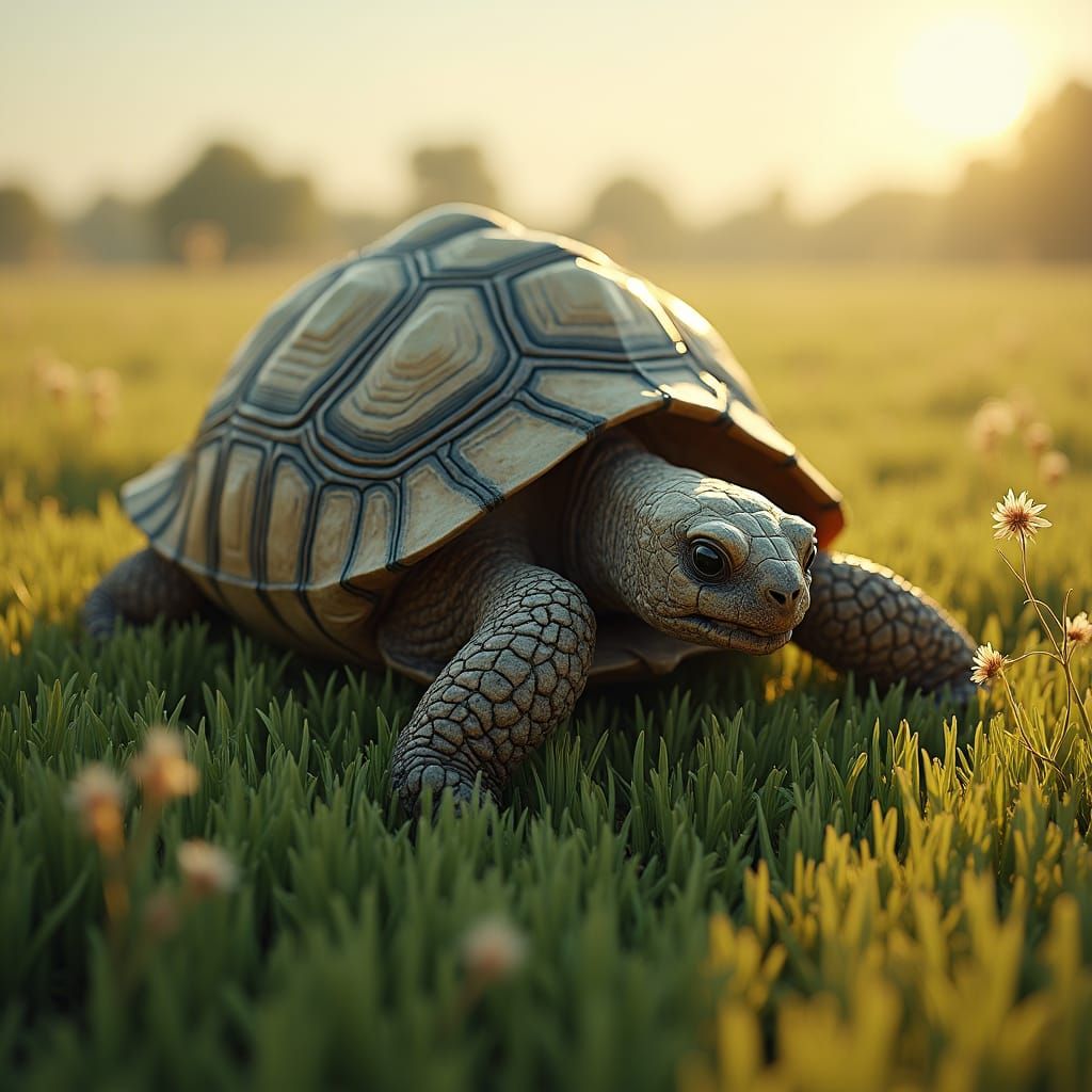 Weary Tortoise Crawling Across Grassy Plain