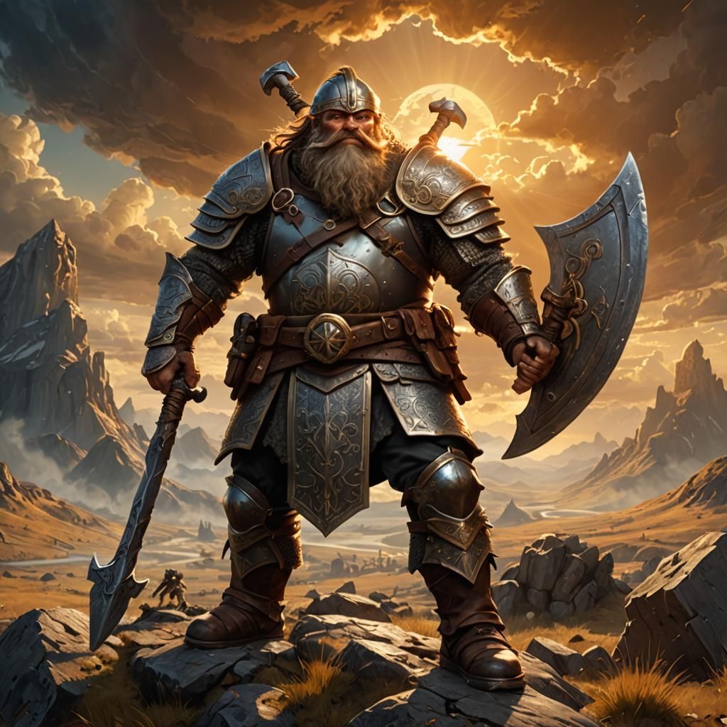 Dwarf Warrior Ready for Battle in Medieval Landscape