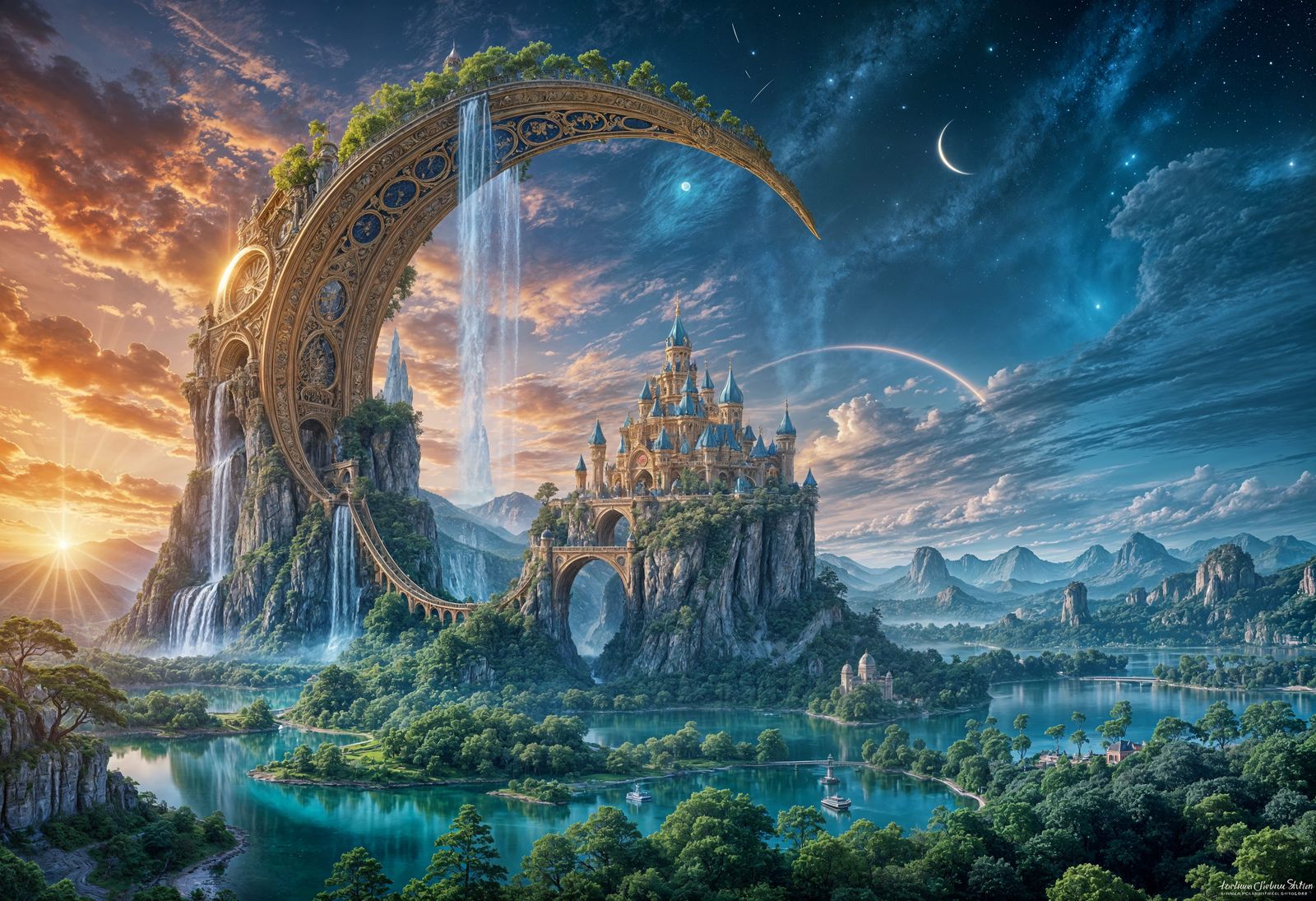 Ornate Crescent Arch Citadel at Fiery Sunset