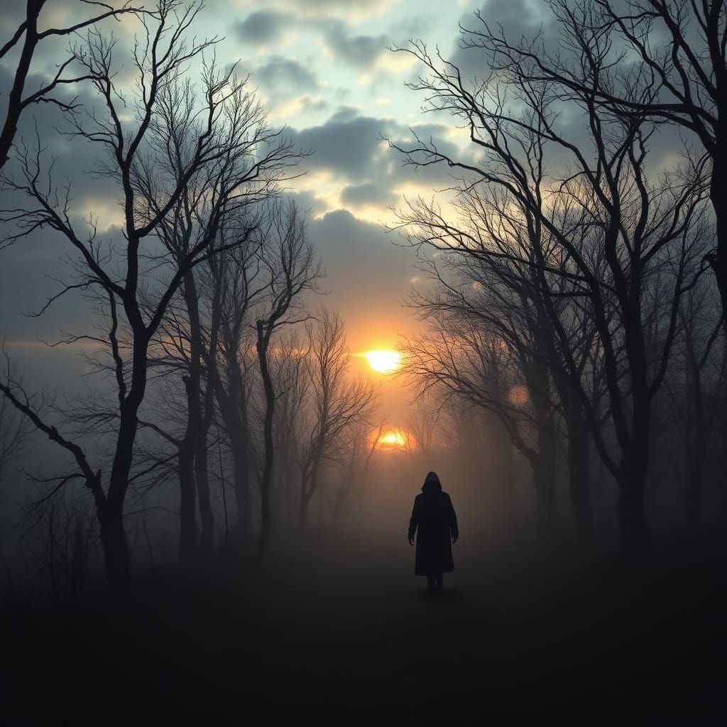 Ethereal Figure on Misty Path at Dusk