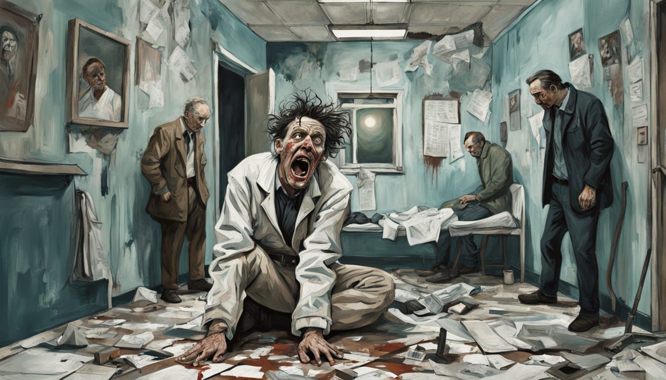Neo-Expressionist Asylum Scene with Manic Patient