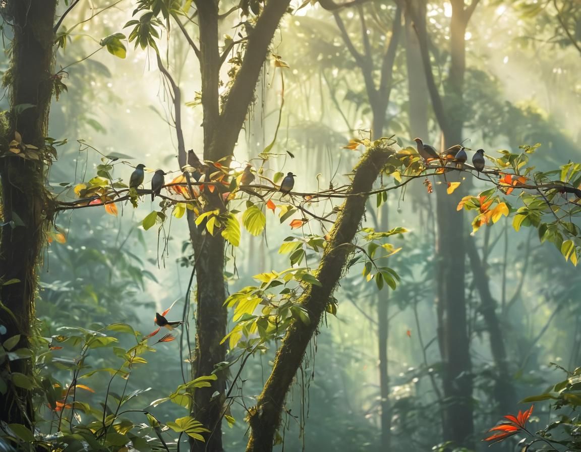 Lush Rainforest Scene with Bird Silhouettes