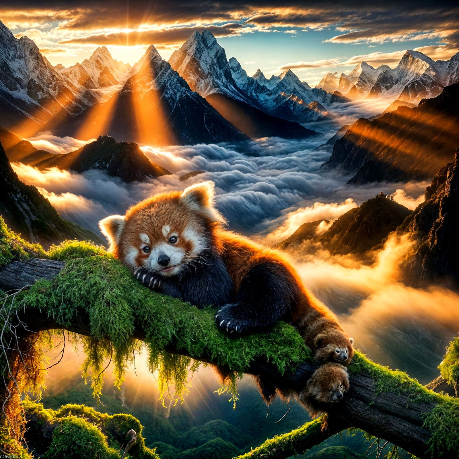 Red Panda Sunrise in Himalayas Above Clouds