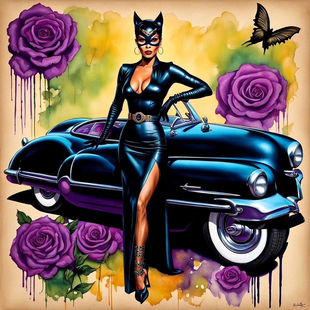 1950s Pin-Up with Batmobile in Fantasy Art Style