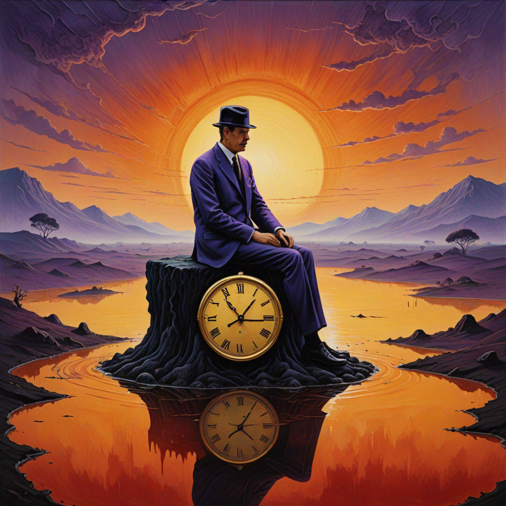 Surreal Oil Painting of Melting Clock Landscape