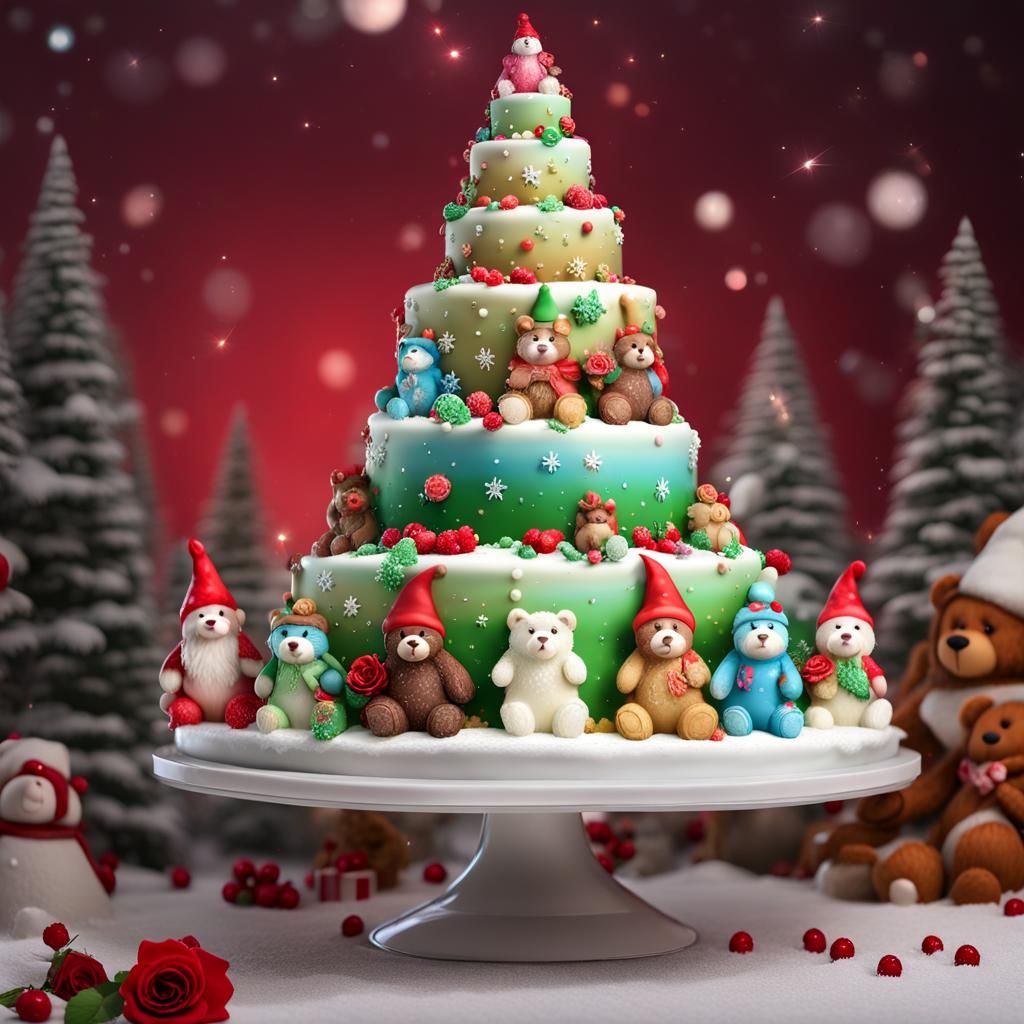 Christmas Tree Cake with Roses and Chocolate Figures